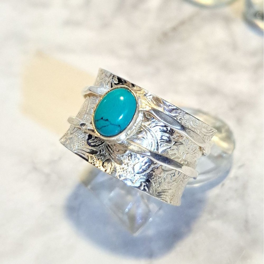 Natural Turquoise Steering Silver Meditation Fidget Spinner Ring - Picture 9 of 13